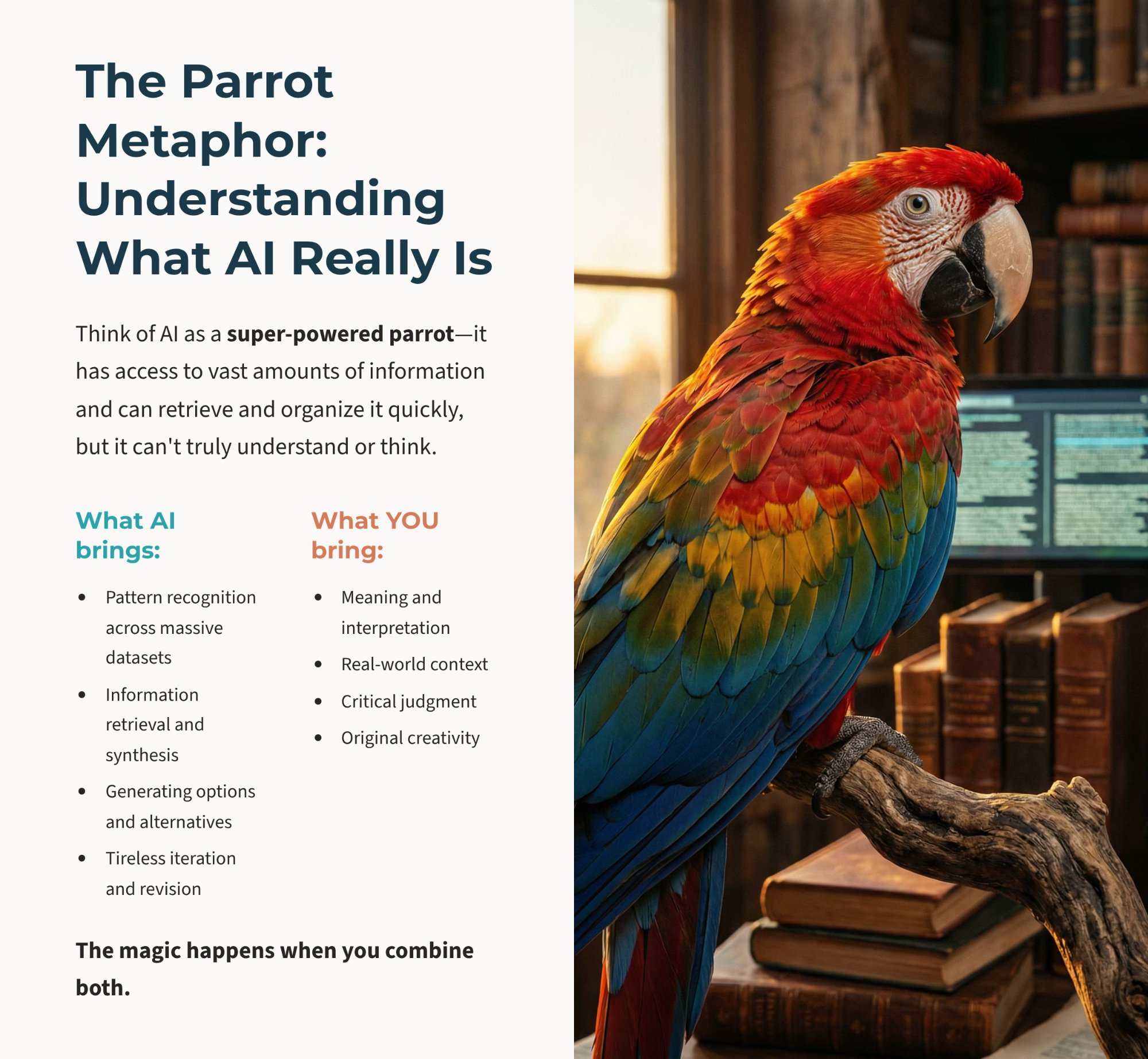 A red-and-blue parrot beside books and a computer